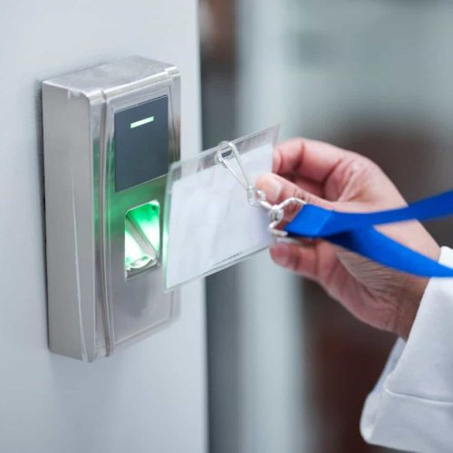 Hand, key card and fingerprint for security door, entrance or access control for safety in business